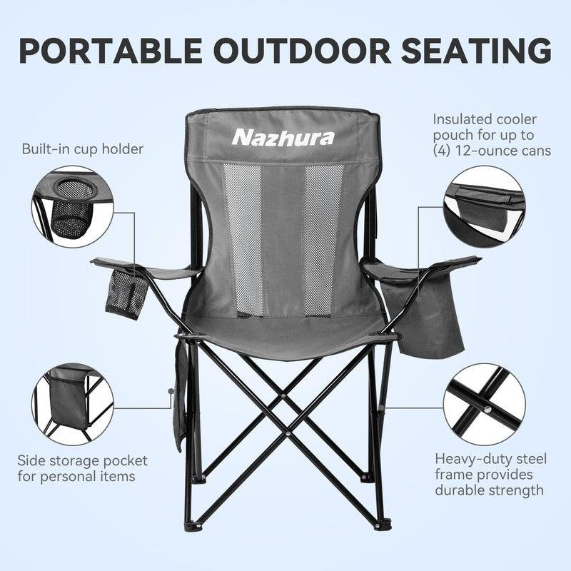 2 Pack Folding Camping Chair with Cooler Pouch, Mesh Backrest and Cup Holder Poc2