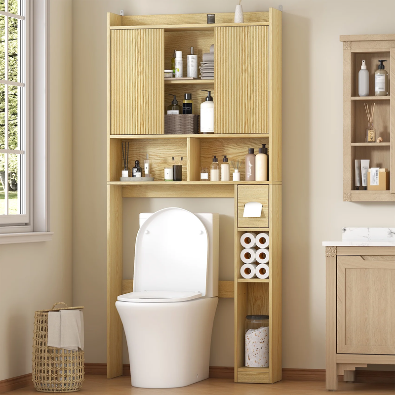 Over the Toilet Storage Cabinet with 2 Sliding Doors & Toilet Paper Holder, Free0