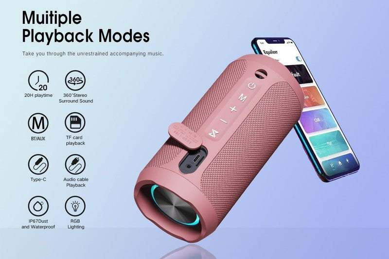 20H Bluetooth Speaker, IPX7 Waterproof, TWS, Bass, Portable, Pink4