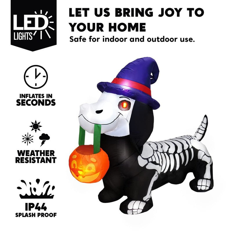 5Ft Halloween Inflatable Pumpkin Skeleton Wiener Dog w/ LEDs Yard Decor2