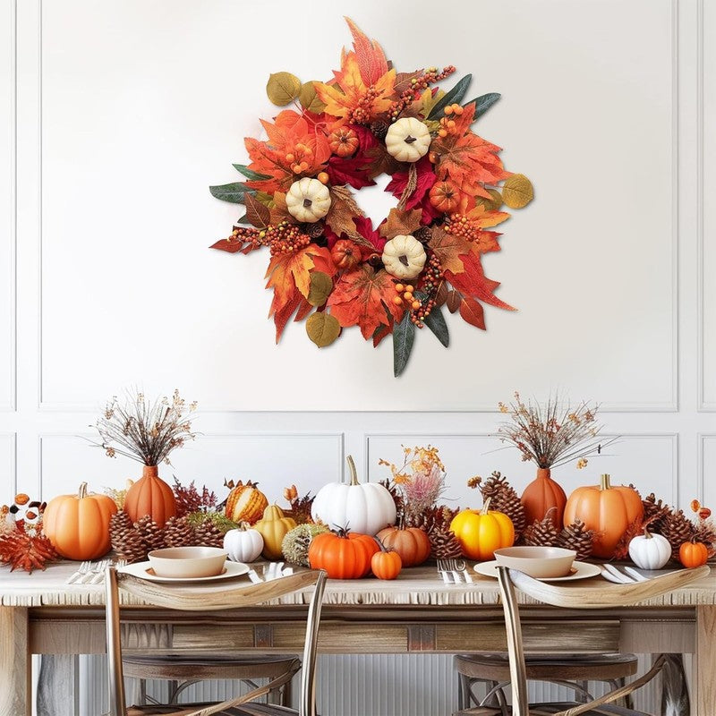 21" Fall Wreath Thanksgiving Pumpkin Maple Leaves Autumn Door Decor8