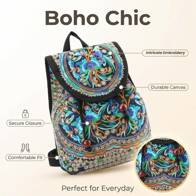 Women Embroidered Backpack Boho Floral Mini Travel Shoulder Bag Lightweight Blue2