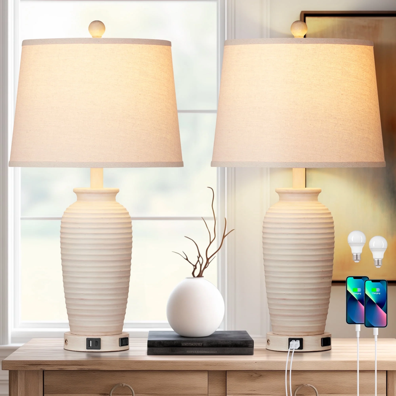 Set of 2 24 Inch Touch Control Table Lamps USB C AC Outlet Farmhouse White Resin0