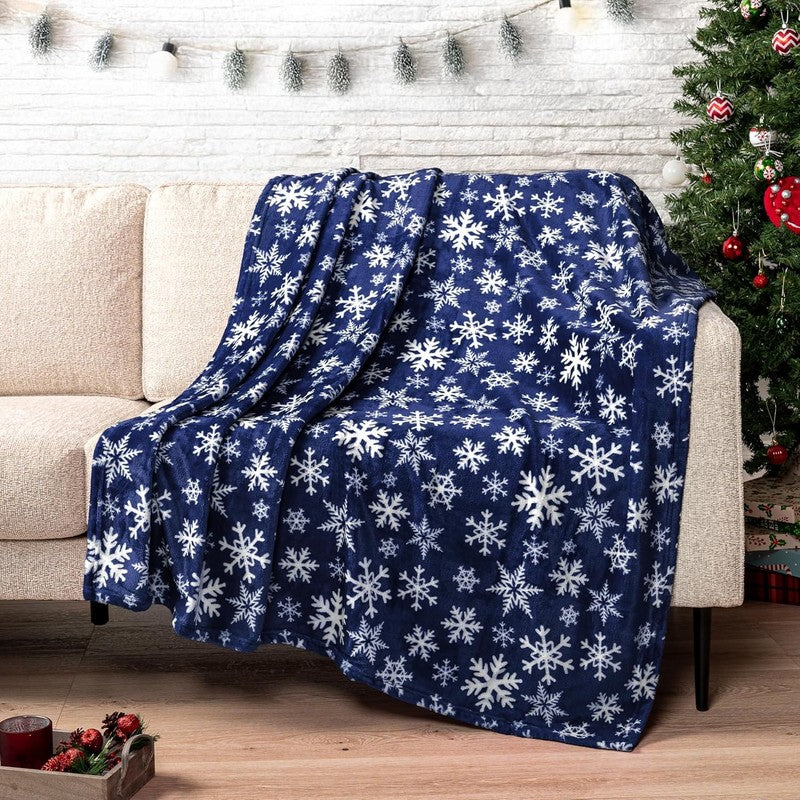 Christmas Throw Blanket Navy White Snowflake Fleece Soft Warm Plush 50"x60"1