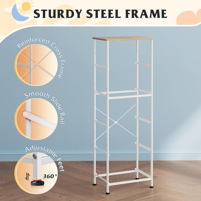 5 Drawer Fabric Dresser Storage Tower Steel Frame Wood Top Cream White6