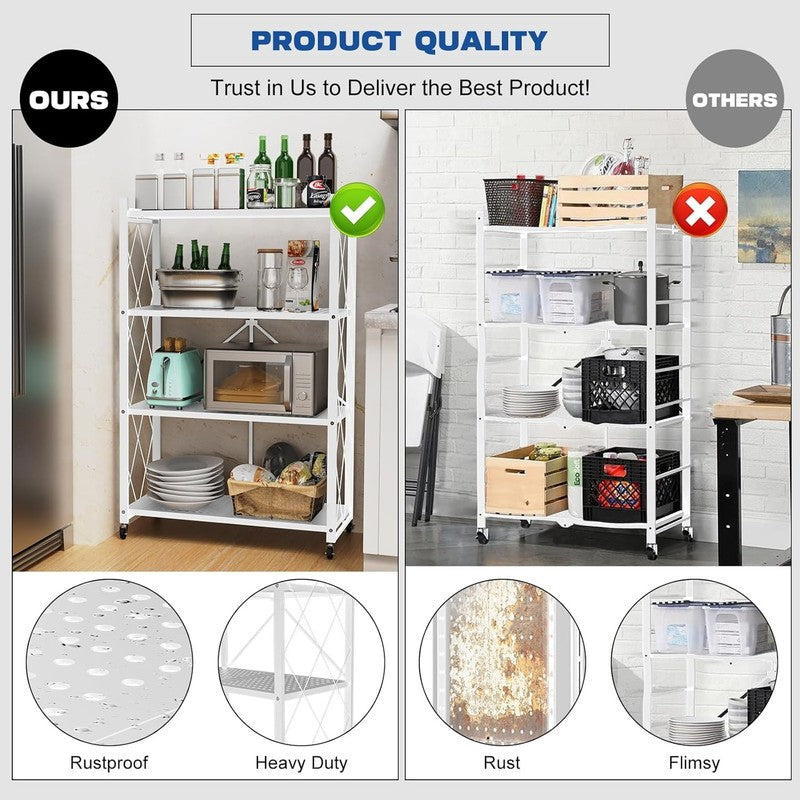4 Tier Foldable Storage Shelf w Wheels Metal Rolling Rack Kitchen Pantry Office4