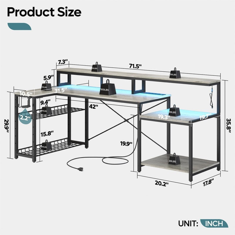 71" L-Shaped Gaming Desk with LED, Power Outlets, Monitor Stand Grey5