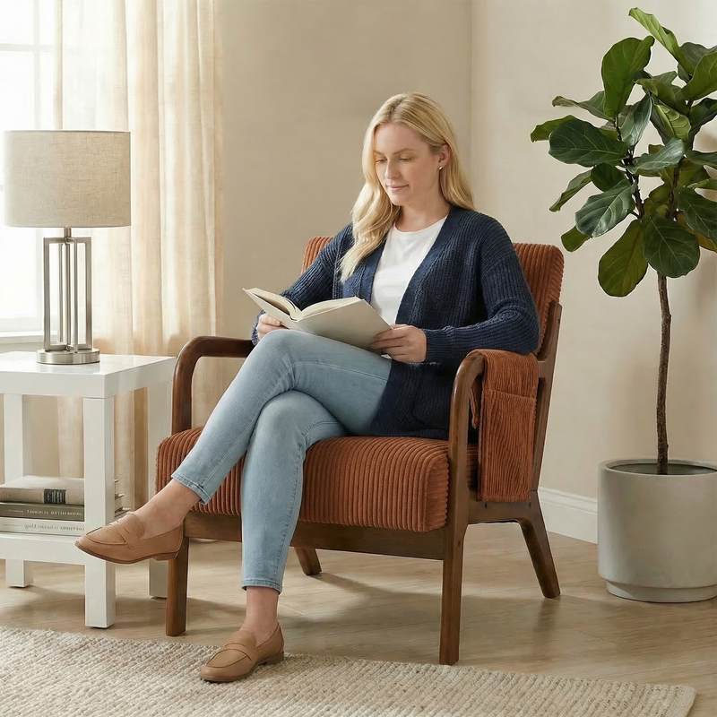 Accent Chair, Mid-Century Modern Arm Chair with Wood Frame, 1-Seat Cushioned Sof1