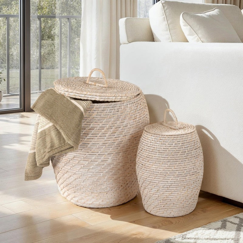 Set of 2 Hand-Woven Rattan Wicker Storage Baskets with Lids1