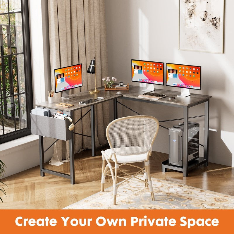 49" Modern L Shaped Computer Desk w/ Storage Shelf & Side Bag Gray5
