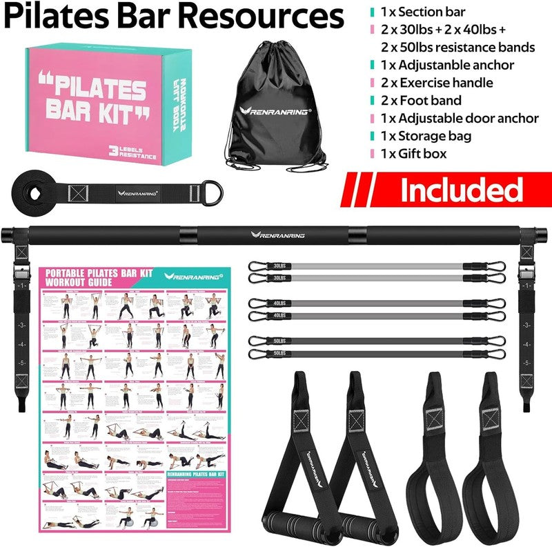 Pilates Bar Kit w/ Resistance Bands Adjustable Metal Buckle Full Body Workout7