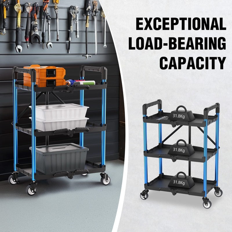 3 Tier Folding Collapsible Service Cart with Wheels, 210 Lbs Loading Capacity, F4