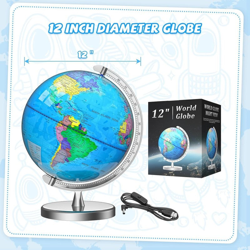12in Illuminated World Globe Lamp STEM Learning Night Light Metal Base7