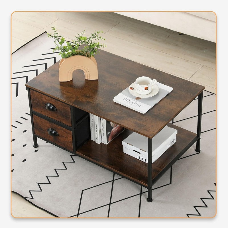 2 Tier Brown Coffee Table with Drawers, Wood & Metal, Living Room Table7