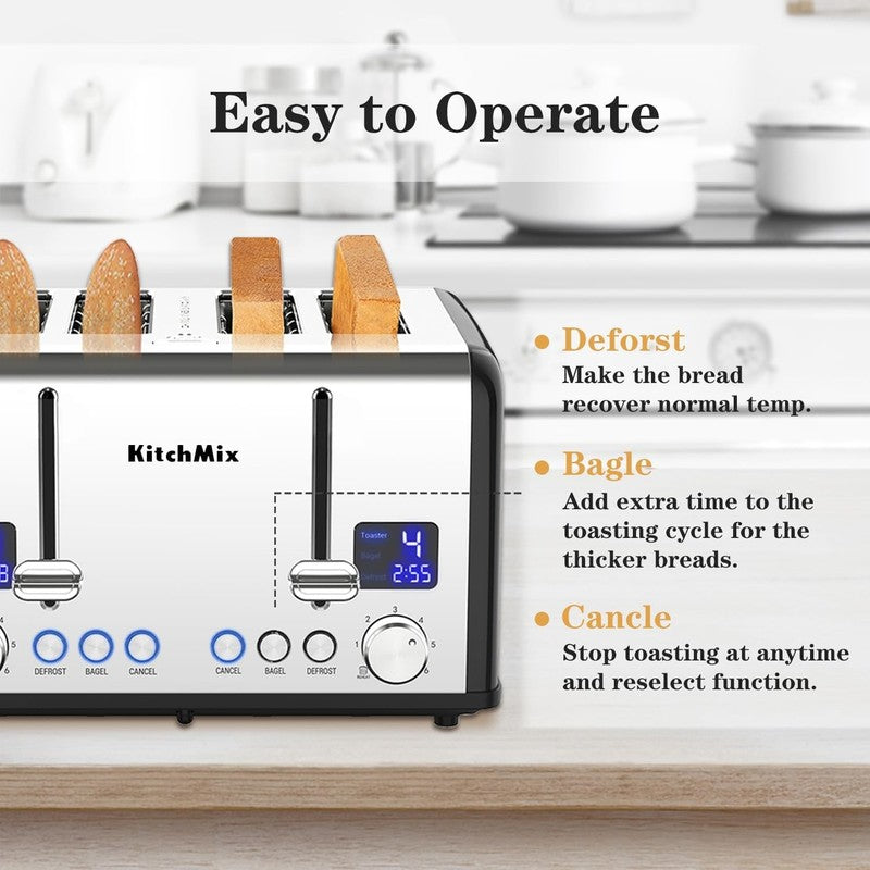 4 Slice Toaster Black - Stainless Steel, LCD Timer, Wide Slots, Dual Display4