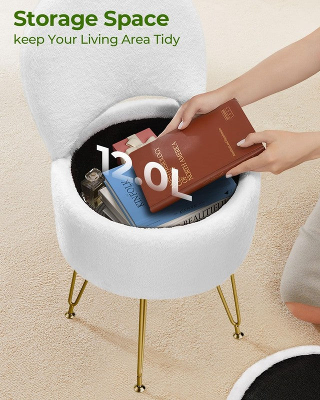 Faux Fur Vanity Stool Chair w/Storage Folding Back Ottoman White3