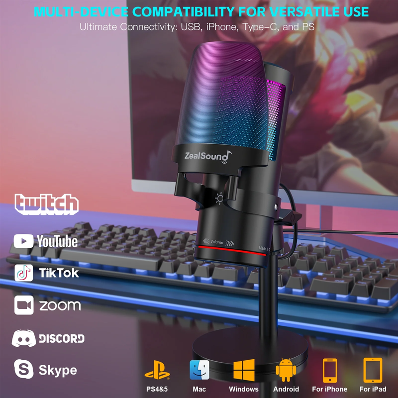 Gaming USB Microphone,Noise Cancellation Condenser Mic with RGB Light,Touch Mute2