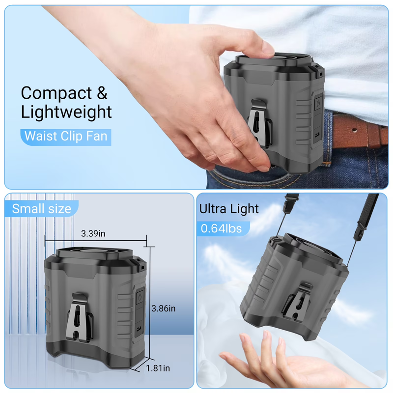 10000mAh Portable Waist Fan Clip On Wearable Neck Fan 5 Speed Gray1