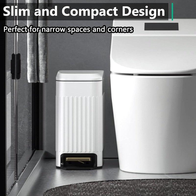 5L Bathroom Trash Can, Slim Step Bin, Soft Close Lid, Embossed White Design1