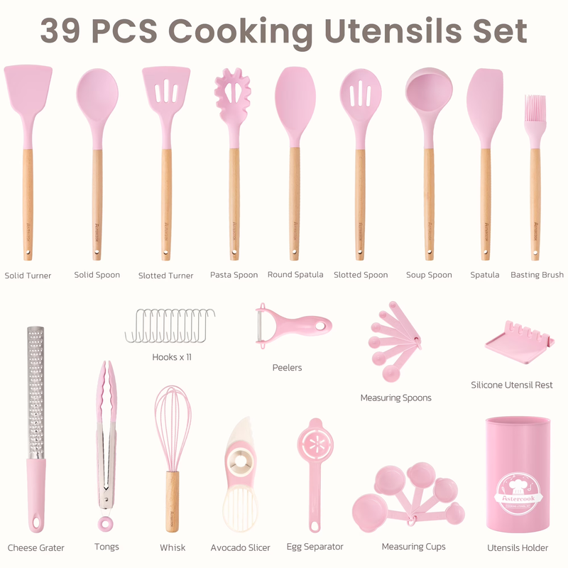 38PCS Silicone Kitchen Utensil Set Wooden Handle Heat Resistant Pink4