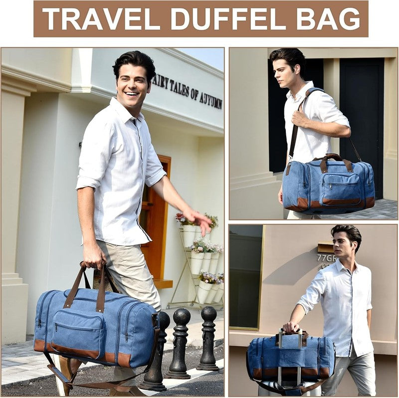 50L Canvas Travel Duffle Bag Blue Overnight Weekender Gym Carry On1