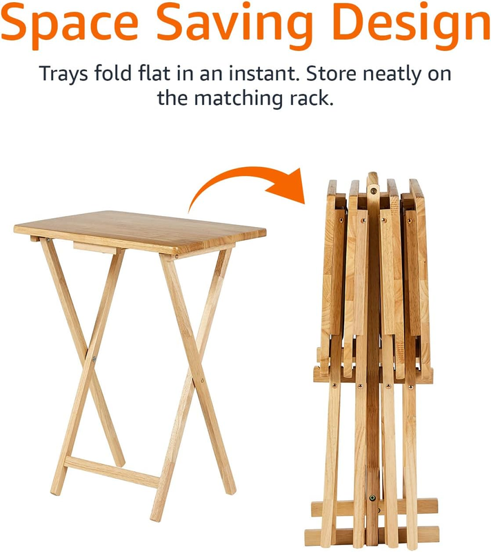 Classic Foldable TV Dinner Tray Table 4 Pack w/ Storage Rack Natural 14.6x19x26"4
