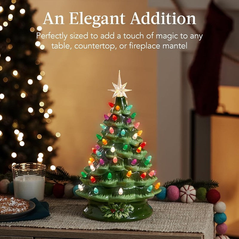 15In Ceramic Christmas Tree, Pre-Lit Hand-Painted Tabletop Holiday Tree, Star To4