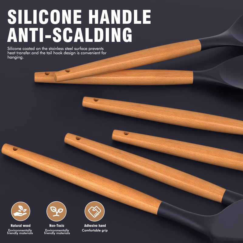 Silicone Kitchen Utensil Set Wooden Handle Holder Heat Resistant Navy Blue1