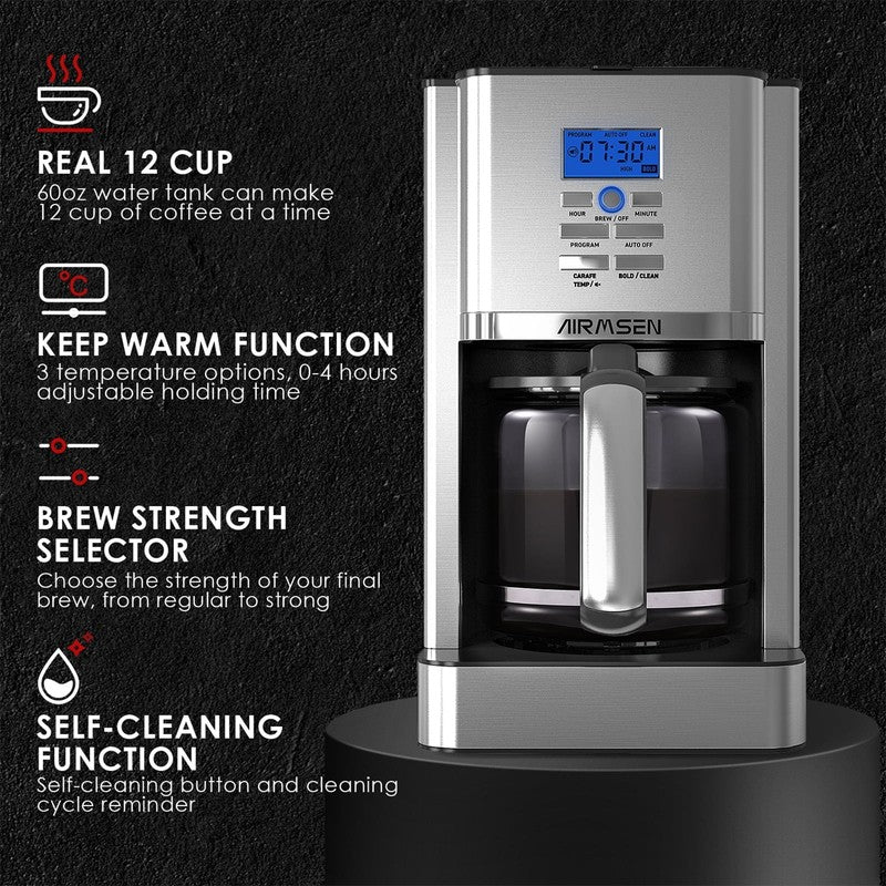 12 Cup Drip Coffee Maker Programmable Stainless Steel Self Cleaning Machine1