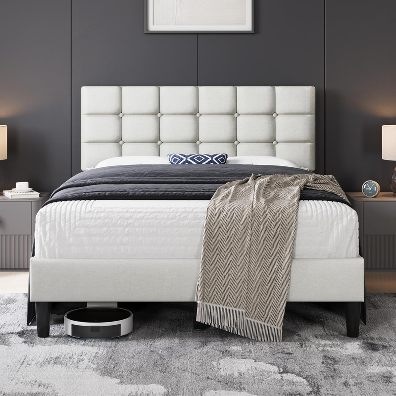 Upholstered Full Bed Frame Tufted Headboard Adjustable Wood Slats Beige Platform0