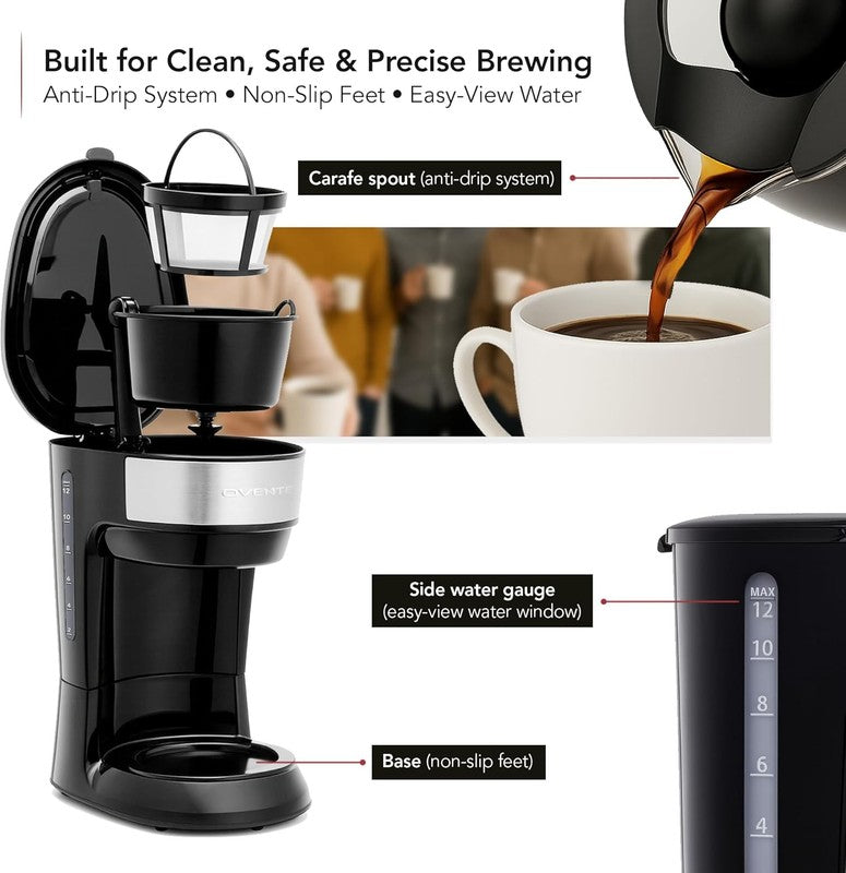 12-Cup Drip Coffee Maker Glass Carafe One-Touch Reusable Filter Black5