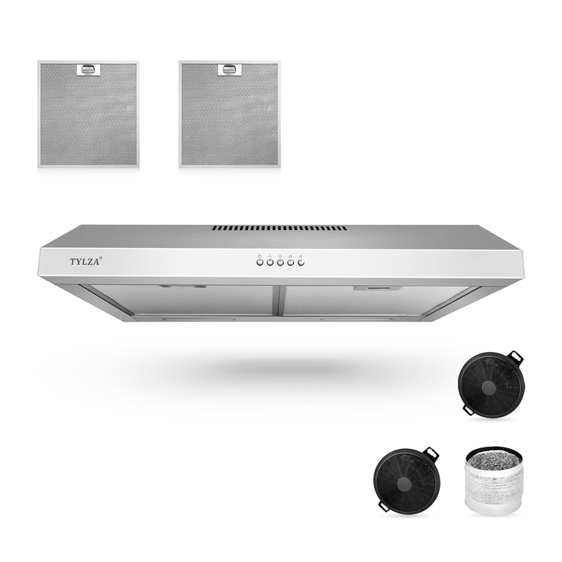 Tylza 30" 600CFM Stainless Steel Under Cabinet Range Hood LED Charcoal Filter0