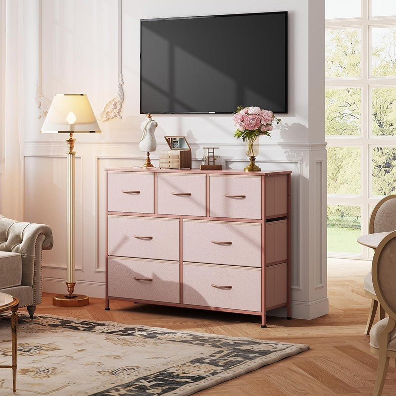 7 Drawer TV Stand Dresser Pink Metal Frame Wood Top Storage Chest3