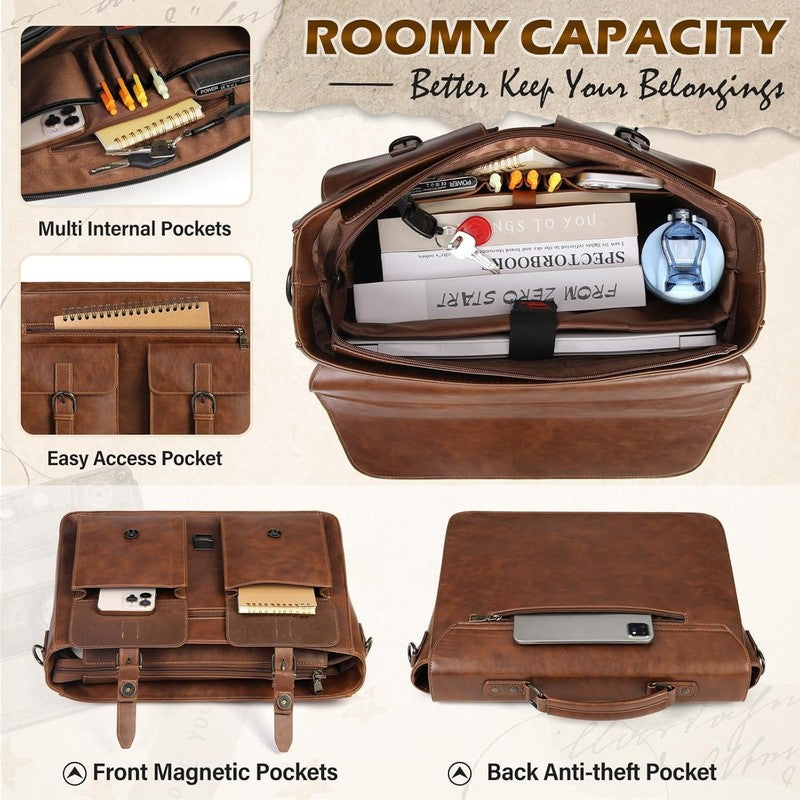 Messenger Bag Men 15.6 Inch Leather Vintage Laptop Waterproof Satchel Brown2