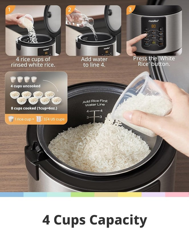Compact Rice Cooker, 6 In 1 Stainless Steel Multi Cooker, Slow Cooker, Steamer, 3