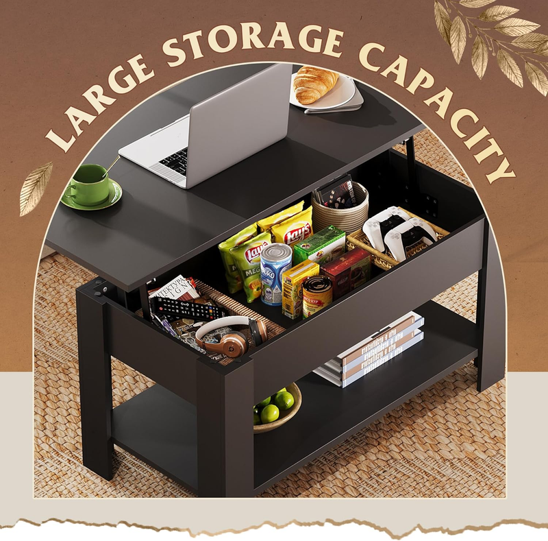 39" Lift Top Coffee Table w/ Hidden Compartment Storage Shelf Black3