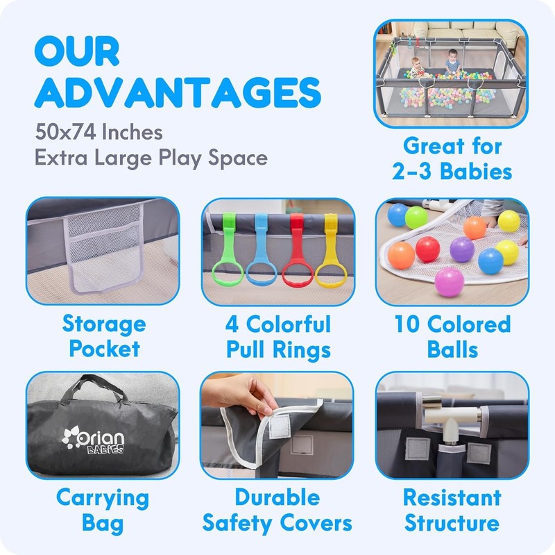 XL Baby Playpen 50x74 with 10 Balls & Carry Bag - Indoor/Outdoor Fun!3