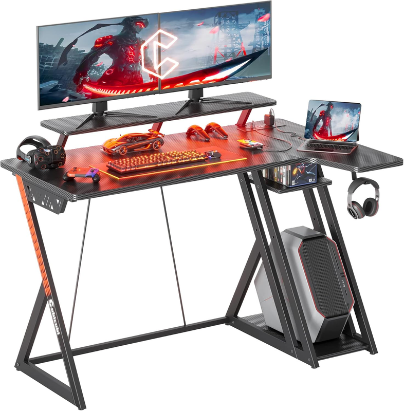 40" L Shaped Gaming Desk Aurora LED Lights Power Outlets Carbon Fiber w/ Shelves9