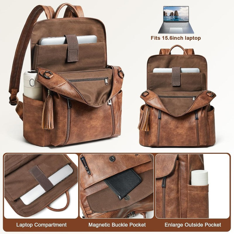 Women Laptop Backpack 15.6" Leather Travel Work Water Resistant Brown5