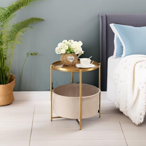Round Side Table Nightstand with Fabric Basket & Removable Tray Gold4