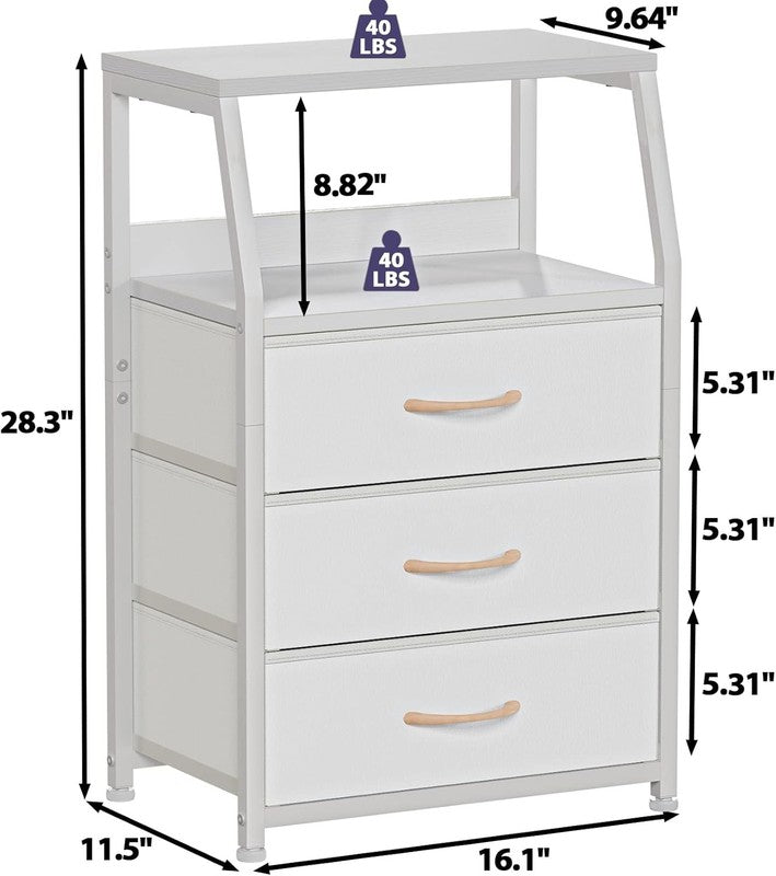 White Nightstand with 3 Drawers and 2 Tier Shelf, Small Night Stand End Table Si2