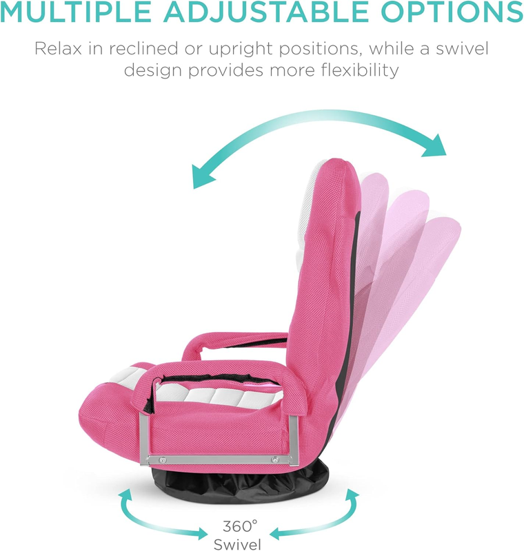 Gaming Floor Rocker Chair 360° Swivel, Lumbar Support, Pink/White2