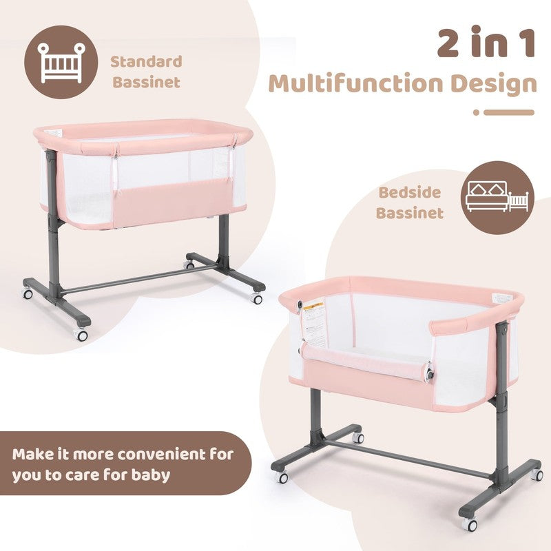 Baby Bassinet with Wheels Pink Height Adjustable Bedside Sleeper for Newborns2