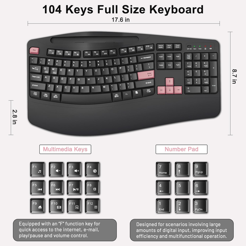 2.4G Wireless Keyboard and Mouse Combo Ergonomic Full Size Pink6