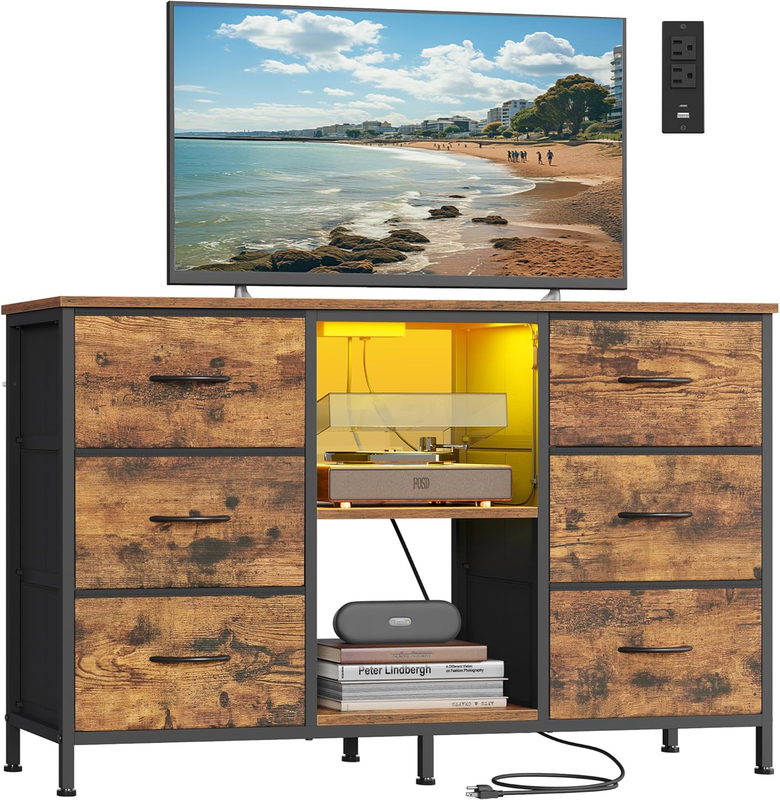 TV Stand Dresser 55 Inch Chest Drawers Steel 6 Drawers 2 Shelves Rustic Brown9