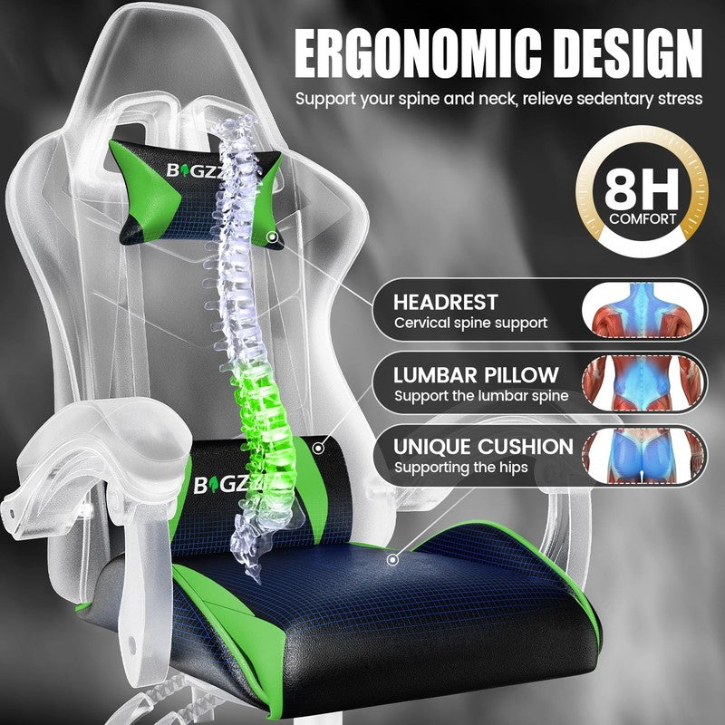 Gaming Chair PU Leather Adjustable Headrest & Lumbar Support, Green3