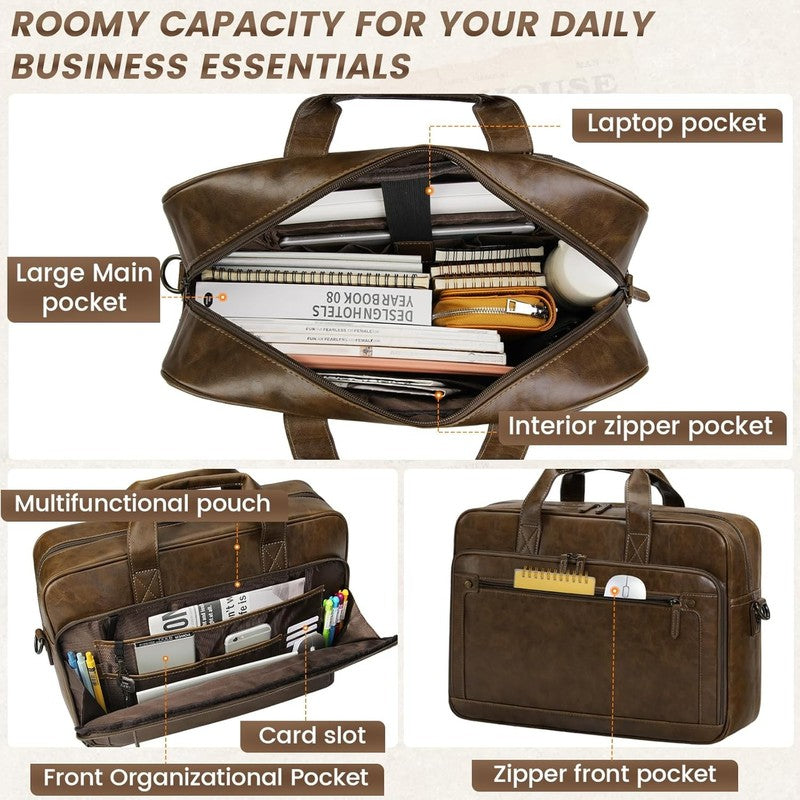 Mens Laptop Bag 16in Leather Briefcase Vintage Messenger Shoulder Work Brown3