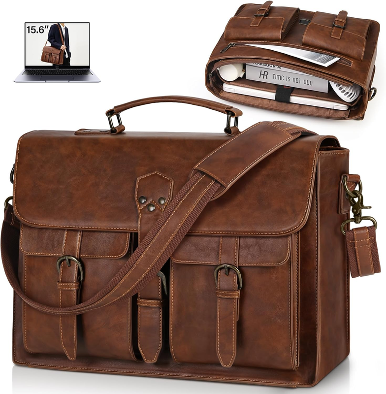Messenger Bag Men 15.6 Inch Leather Vintage Laptop Waterproof Satchel Brown0