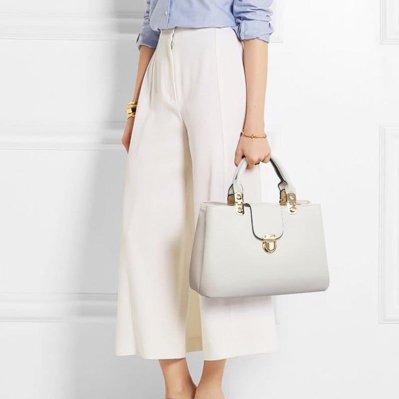 Women'S Vegan Leather Top Handle Satchel Handbag Medium Tote Bag, White1