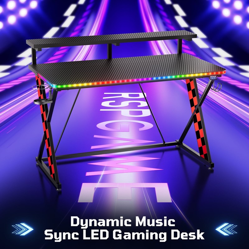 43" X-Shaped Gaming Desk Music Sync LED with Monitor Stand Red Racing4
